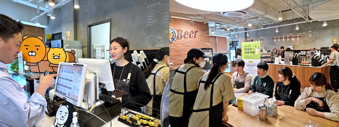 카카오게임즈 크루들이 사내 카페에서 바리스타 교육을 듣고 있음